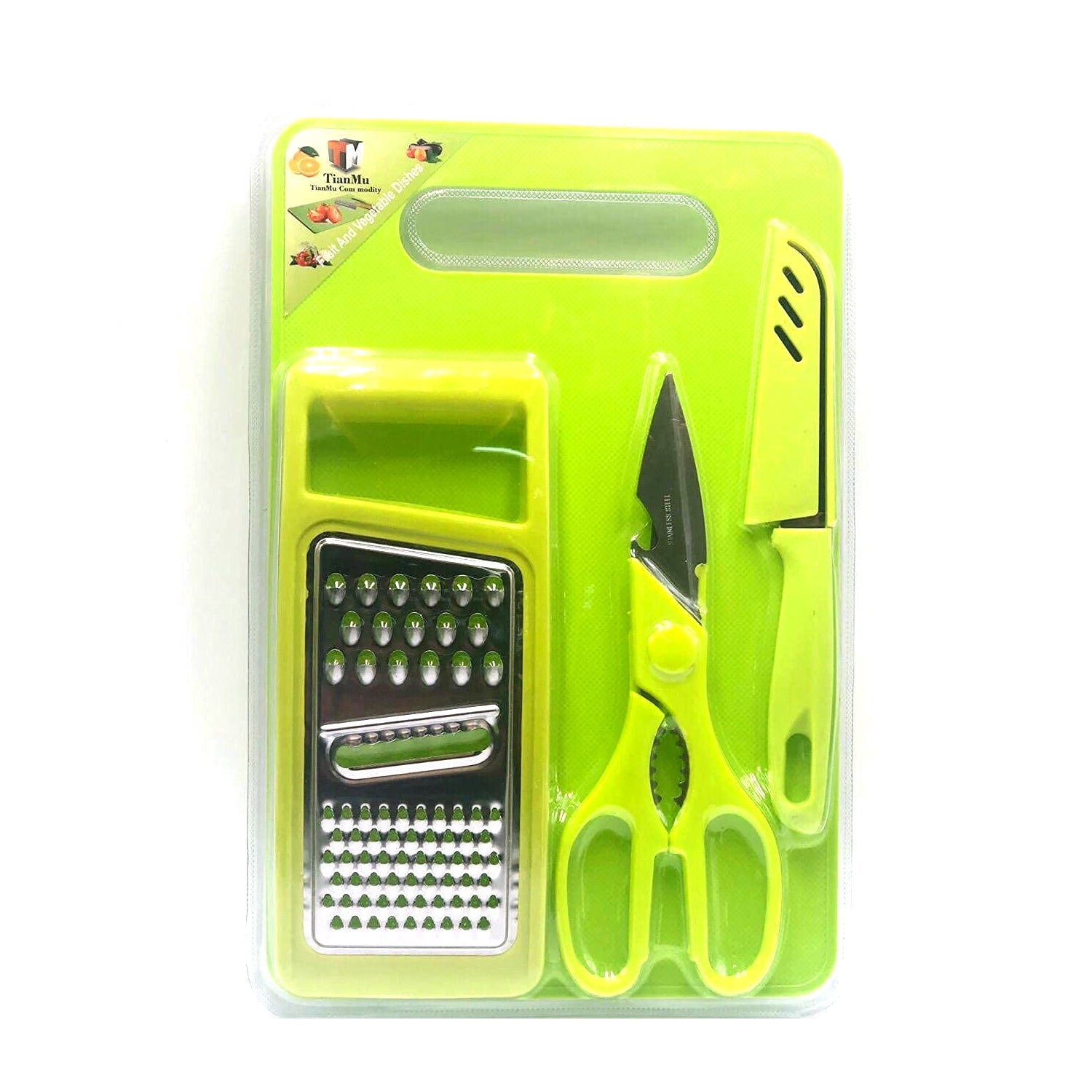 2846 4 Pieces Knife with Chopping Board with Scissor, Grater | Vegetable and Meat Cutting Kitchen Accessories Items (4 pcs Set) DeoDap 2846 4 Pieces Knife with Chopping Board with Scissor, Grater | Vegetable and Meat Cutting Kitchen Accessories Items (4 pcs Set) DeoDap